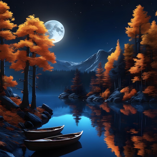 paysage fantastique avec lac et forêt la nuit