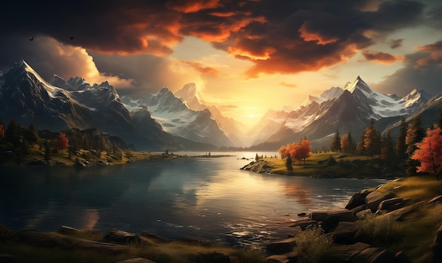 Photo paysage fantastique avec lac et montagnes au coucher du soleil peinture numérique