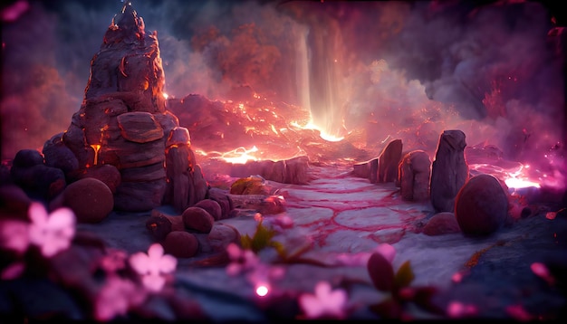 Paysage fantastique avec lave et portail magique et lueur ardente sur fond sombre illustration 3d