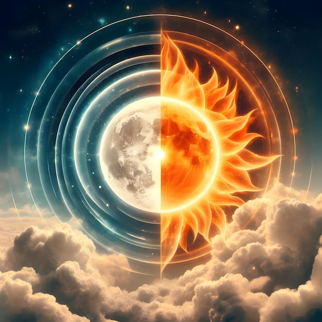 Photo paysage fantastique avec la lune et le lever du soleil dans le ciel illustration 3d