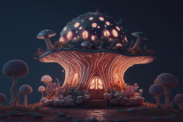 Paysage fantastique avec une maison aux champignons fantastique Illustration de l'IA générative