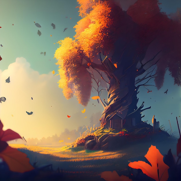 Paysage fantastique avec maison hantée dans la forêt d'automne Peinture numérique