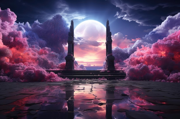 Paysage fantastique avec monolithe antique et pleine lune