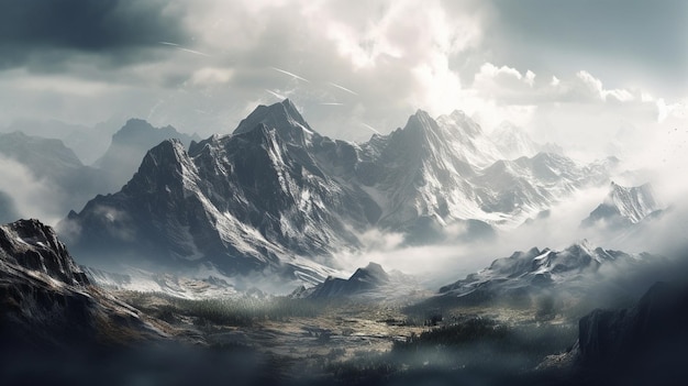 Paysage fantastique avec montagnes et cloudsgenerative ai