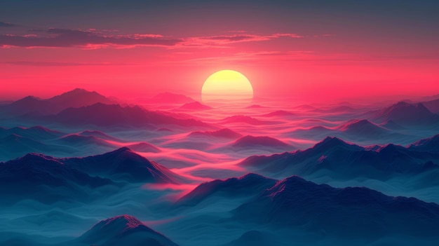Paysage fantastique avec des montagnes et une illustration de coucher de soleil Eps 10 IA générative