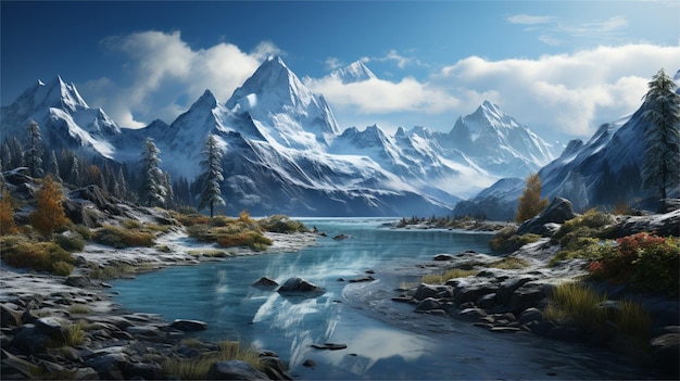 Paysage fantastique avec des montagnes et un lac illustration de rendu 3D