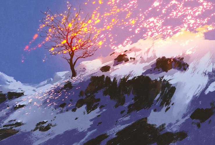 Photo paysage fantastique montrant un arbre nu en hiver avec de la neige rougeoyante, peinture numérique