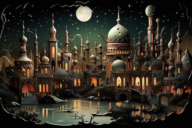 Paysage fantastique avec une mosquée et la lune dans la nuit