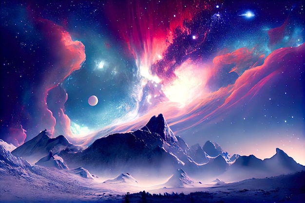 Paysage fantastique avec nébuleuse de montagnes et étoiles Generative AI