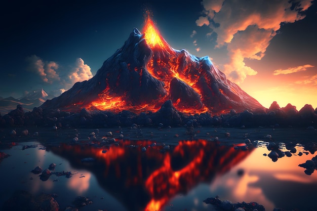 Paysage fantastique de nuit avec des montagnes abstraites et une île sur le volcan explosif de l'eau avec de la lave en feu Art généré par le réseau de neurones