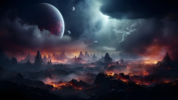 Paysage fantastique d'une planète ardente dans la nuit IA générative
