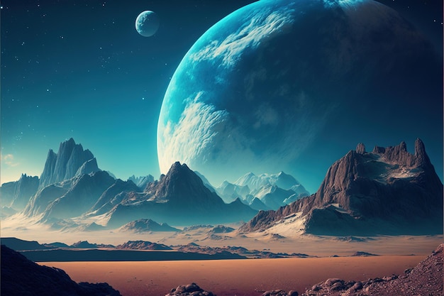 Paysage fantastique d'une planète lointaine avec une montagne en haute résolution élégant fond d'écran affiche recherche voyage intergalactique domination des nuances froides AI