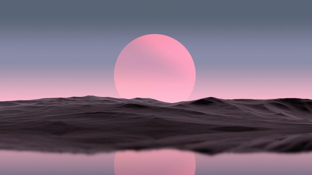 Photo paysage fantastique planète rose à l'horizon île de montagne et l'eau au crépuscule papier peint 3d rendu