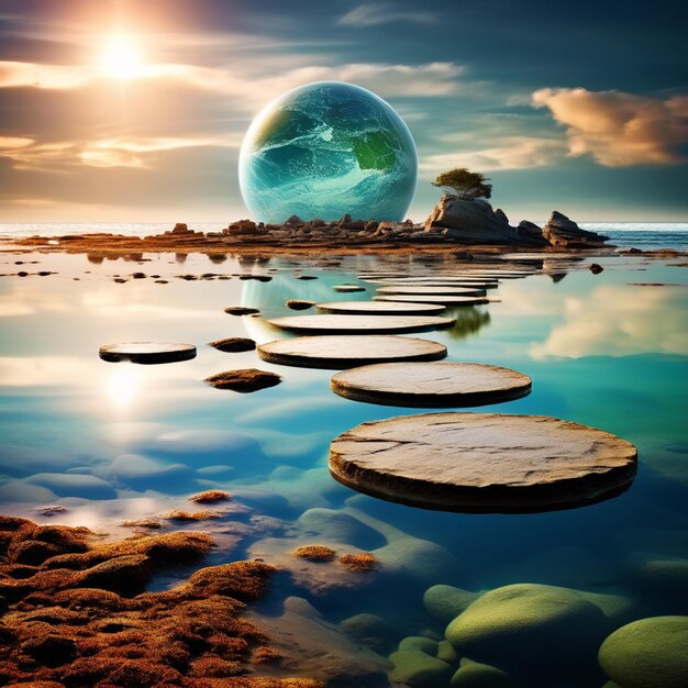 Photo paysage fantastique avec la planète terre dans l'eau