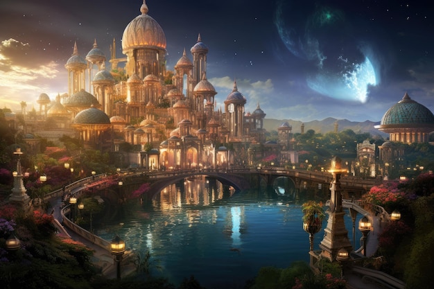 Paysage fantastique avec pont de mosquée et rivière la nuit Rendu 3D Un royaume enchanteur et dynamique et une ville fascinante générée par l'IA