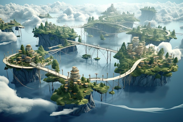 Paysage fantastique avec un pont sur la rivière illustration de rendu 3D générée par l'IA