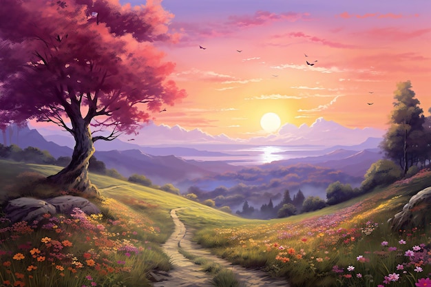 Paysage fantastique avec des prairies et des fleurs sauvages au coucher du soleil