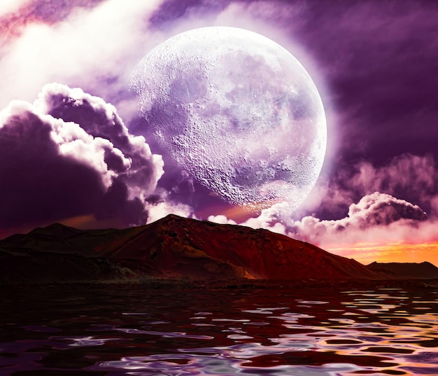 Paysage fantastique et de rêve Paysage mystérieux avec pleine lune et montagnes au-dessus du lac