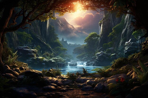 Photo paysage fantastique avec une rivière et une cascade rendering 3d