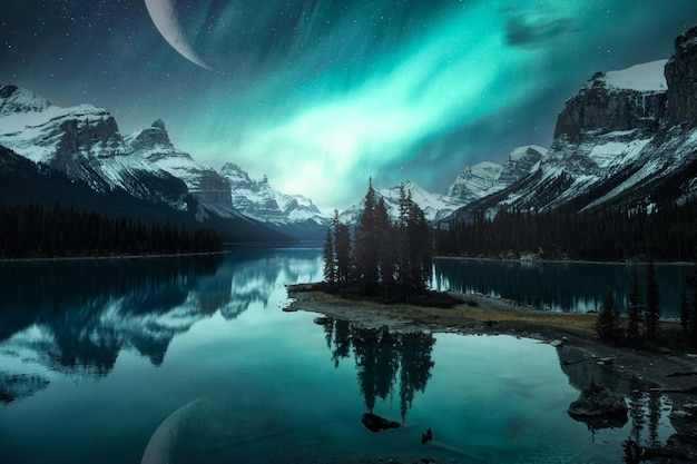 Paysage fantastique de Spirit Island avec Aurora Borealis sur les Rocheuses canadiennes et croissant de lune sur le lac Maligne au parc national Jasper AB Canada