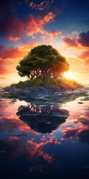 Paysage fantastique surréaliste coucher de soleil coloré surplombant l'île avec arbre