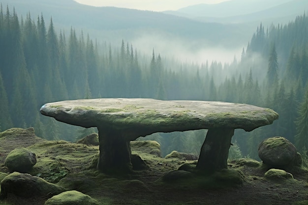 Paysage fantastique avec une table en pierre au milieu de la forêt