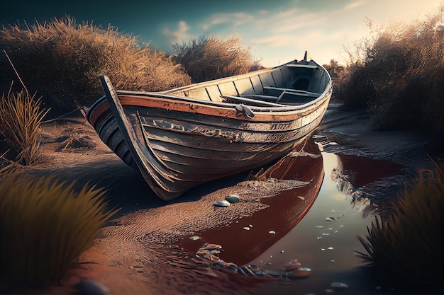 Paysage fantastique avec vieux bateau en bois sur l'ai génératrice d'eau