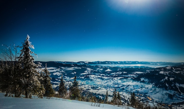 Paysage Fascinant De Pistes De Ski Enneigées Sur Fond De Forêt D'épicéas Et De Chaînes De Montagnes Au Clair De Lune Et De Ciel Bleu Par Une Claire Soirée D'hiver Glaciale. Concept De Loisirs De Plein Air En Hiver