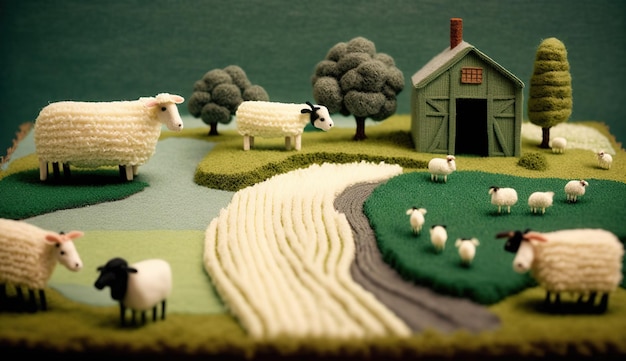 Paysage de ferme mignon AI génératif fait de crochet avec des arbres rivière herbe verte animaux de la ferme