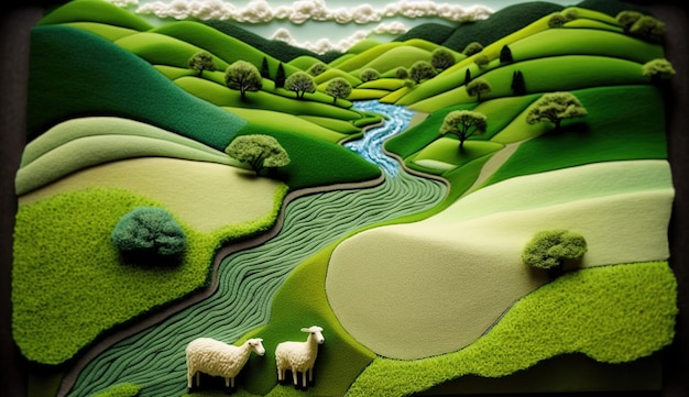 Paysage de ferme mignon AI génératif fait de crochet avec des arbres rivière herbe verte animaux de la ferme