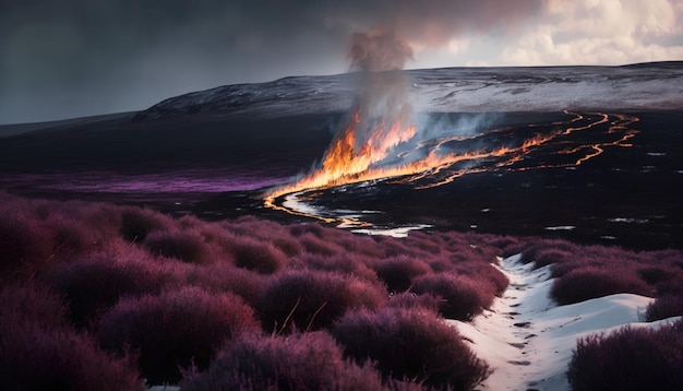 Un paysage avec un feu en arrière-plan et de l'herbe violette au premier plan