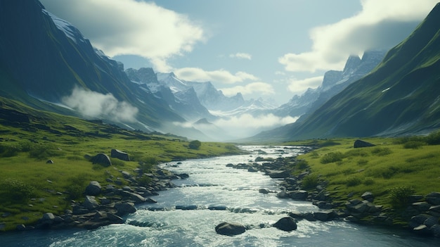 Un paysage d'un fjord avec un petit ruisseau