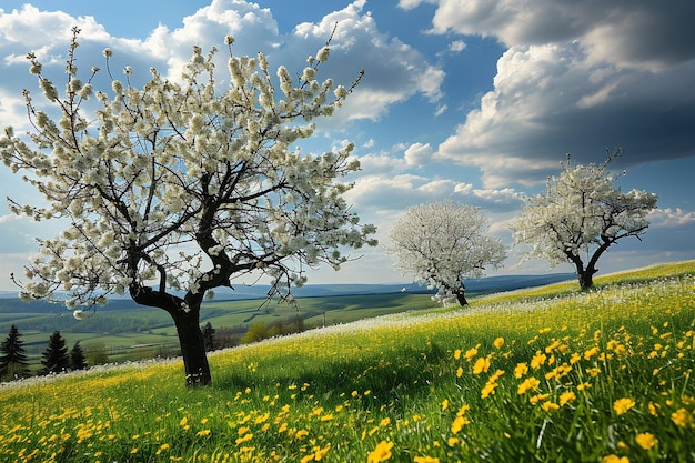 Photo paysage avec des fleurs et des arbres du début du printemps sur fond bleu avec des nuages