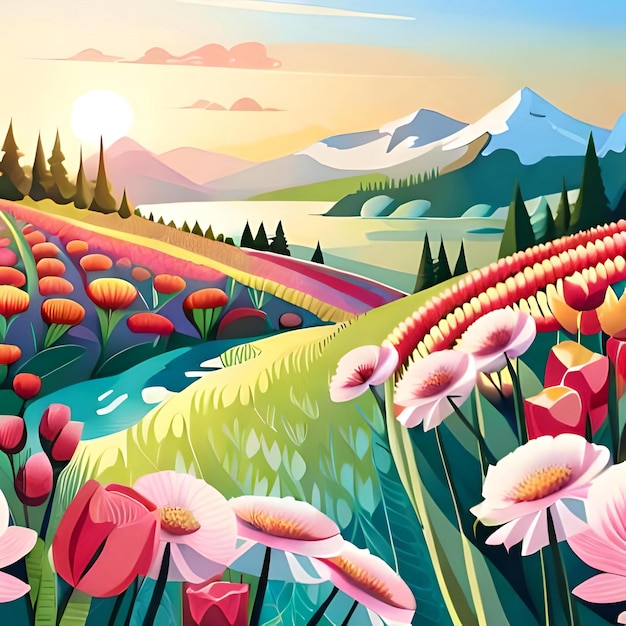 paysage avec fleurs et collines ai généré