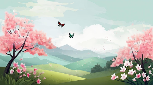 Paysage de fleurs de printemps avec papillon