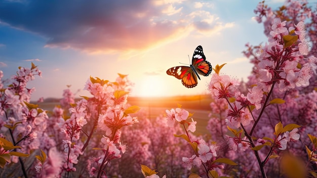 Paysage de fleurs de printemps avec des papillons