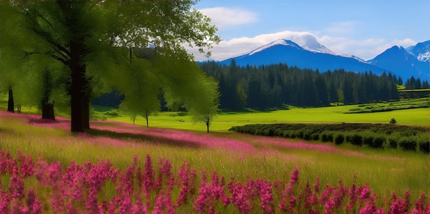 Paysage avec des fleurs rose vif en fleurs