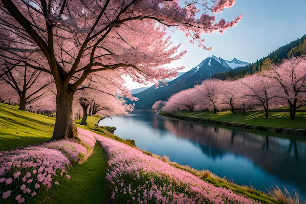 Un paysage de fleurs roses avec une montagne en arrière-plan