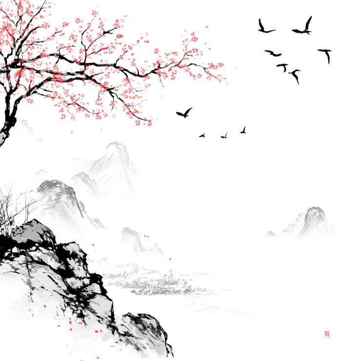 Photo paysage floral noir et blanc dessiné à la main avec des montagnes et un lac pour des illustrations élégantes de la nature