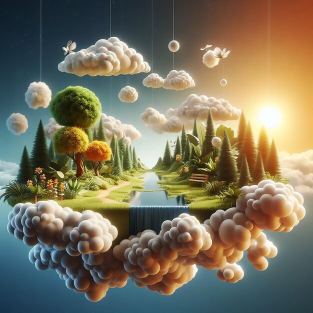 Paysage flottant 3D avec des éléments de la nature et des nuages a générés