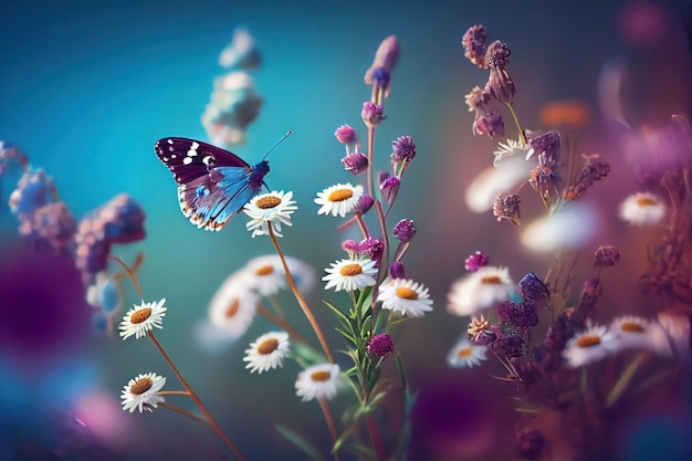 Paysage flou de papillons et de fleurs