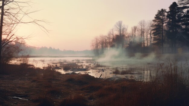 Photo paysage fluvial brumeux avec des filtres rétro d'eau fumée et des effets photoréalistes