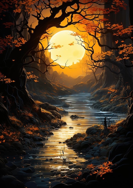 Le paysage fluvial de la forêt d'automne mystique