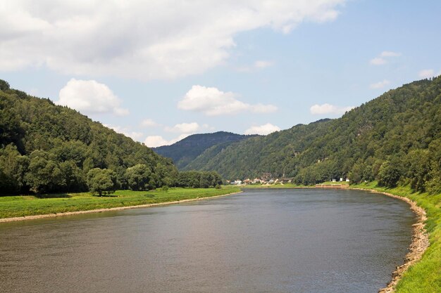 Paysage fluvial, forêt et ciel