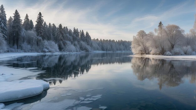 Paysage fluvial d'hiver calme et gelé