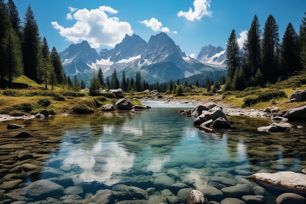 Paysage fluvial de montagne avec rochers et arbres