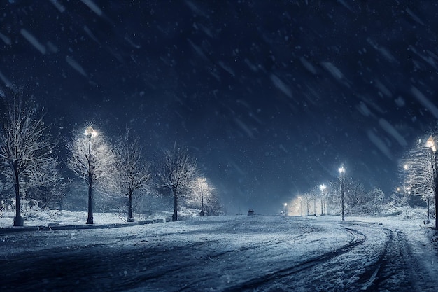 Paysage de fond d'hiver de tempête de neige la nuit conception d'art numérique rendu 3d