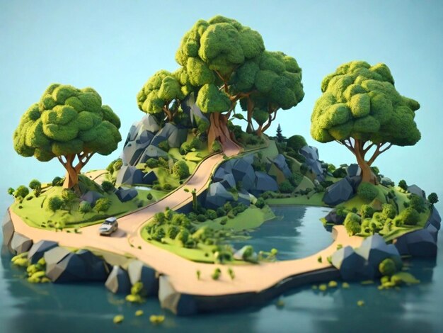 Paysage forestier 3D sur le monticule avec la rivière Illustration de jeu rendue en 3D Ai Image générée