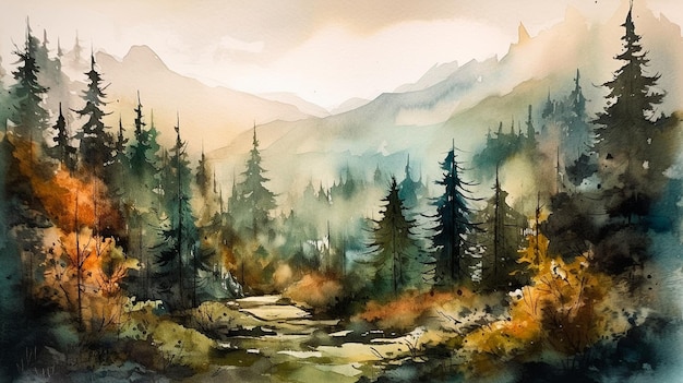 Paysage forestier aquarelle serein avec des montagnes majestueuses, des pins et une verdure luxuriante Generative AI