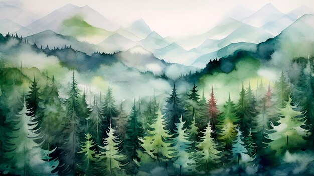 Paysage forestier aquarelle serein avec des montagnes majestueuses, des pins et une verdure luxuriante Generative AI